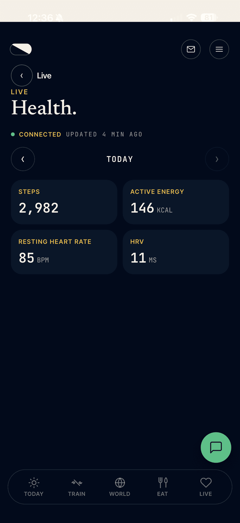 HollyFit Live Health screen - steps, active energy, resting heart rate, HRV