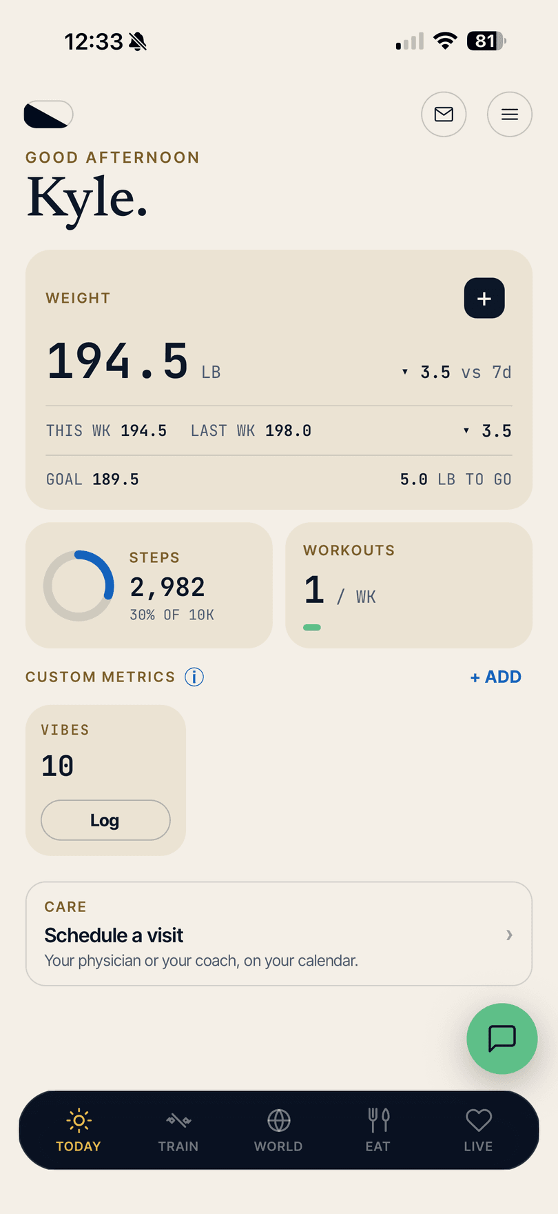 HollyFit Today screen - weight trend, steps, workouts, and care scheduling