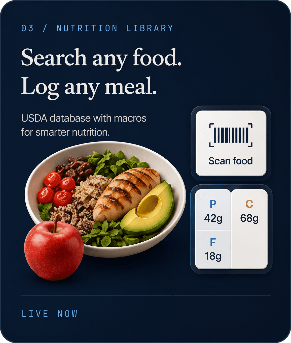Nutrition library with meal and macro tracking
