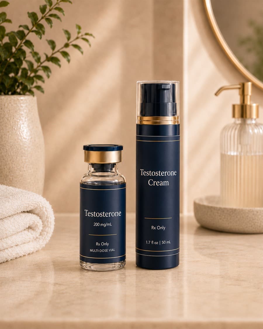 HollyFit testosterone multi-dose vial and testosterone cream on a vanity